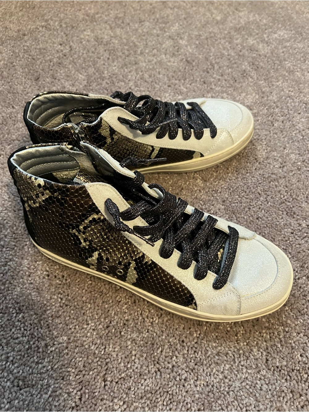 P448 Women's High-Top Sneakers in Black and Cream with Snake Print